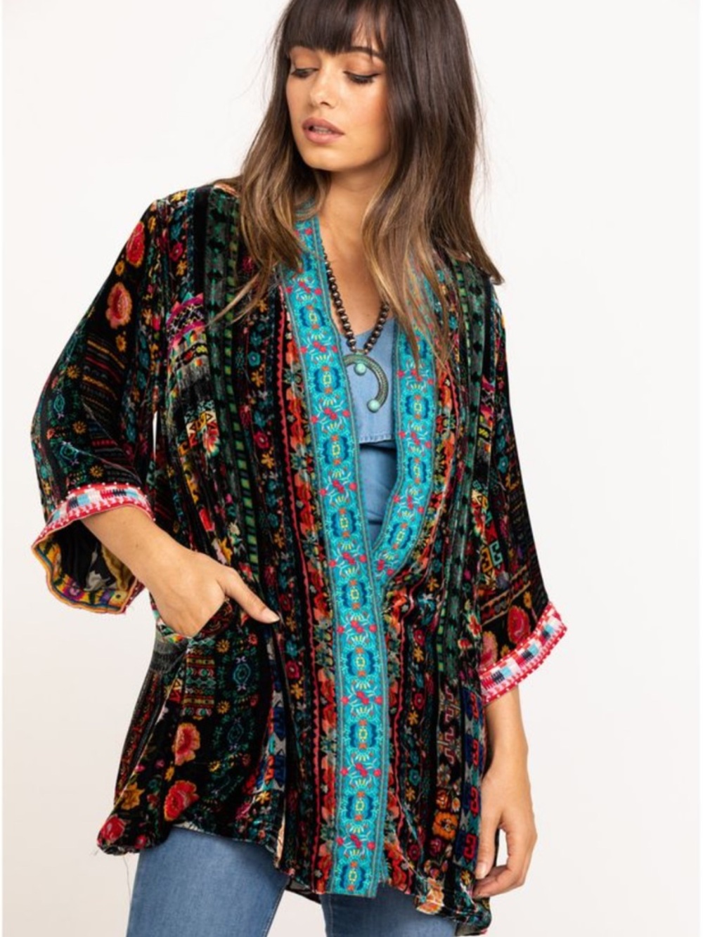 Johnny Was Oversized Velvet and Silk Reversible Kimono with front pockets